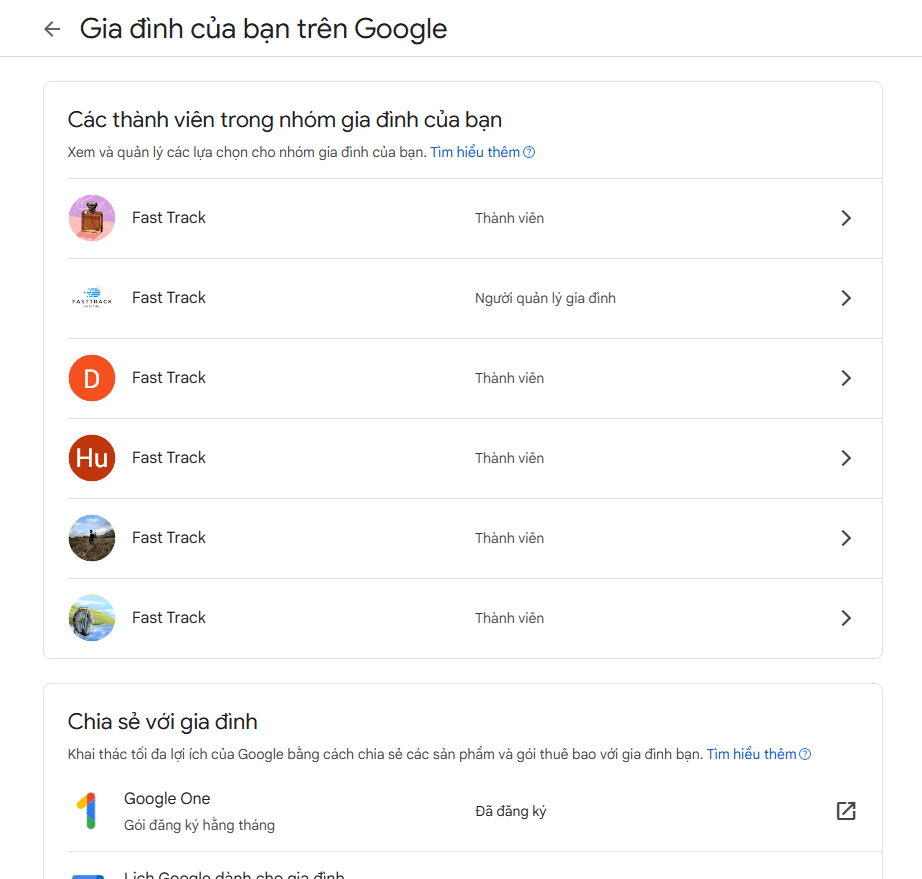 Giao diện quản lý Google Family